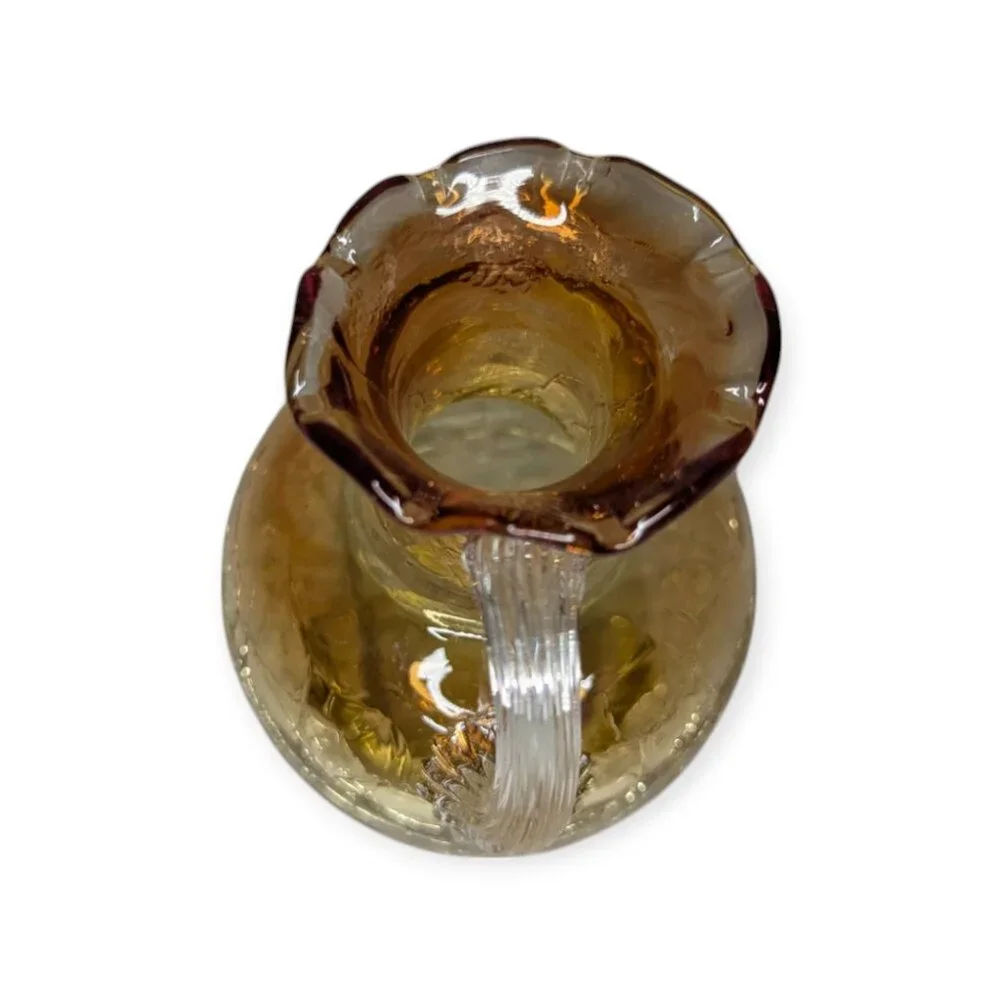 Pilgrim Honey Amber Crackle Glass Vase w/Applied Handle Ruffled Rim 4